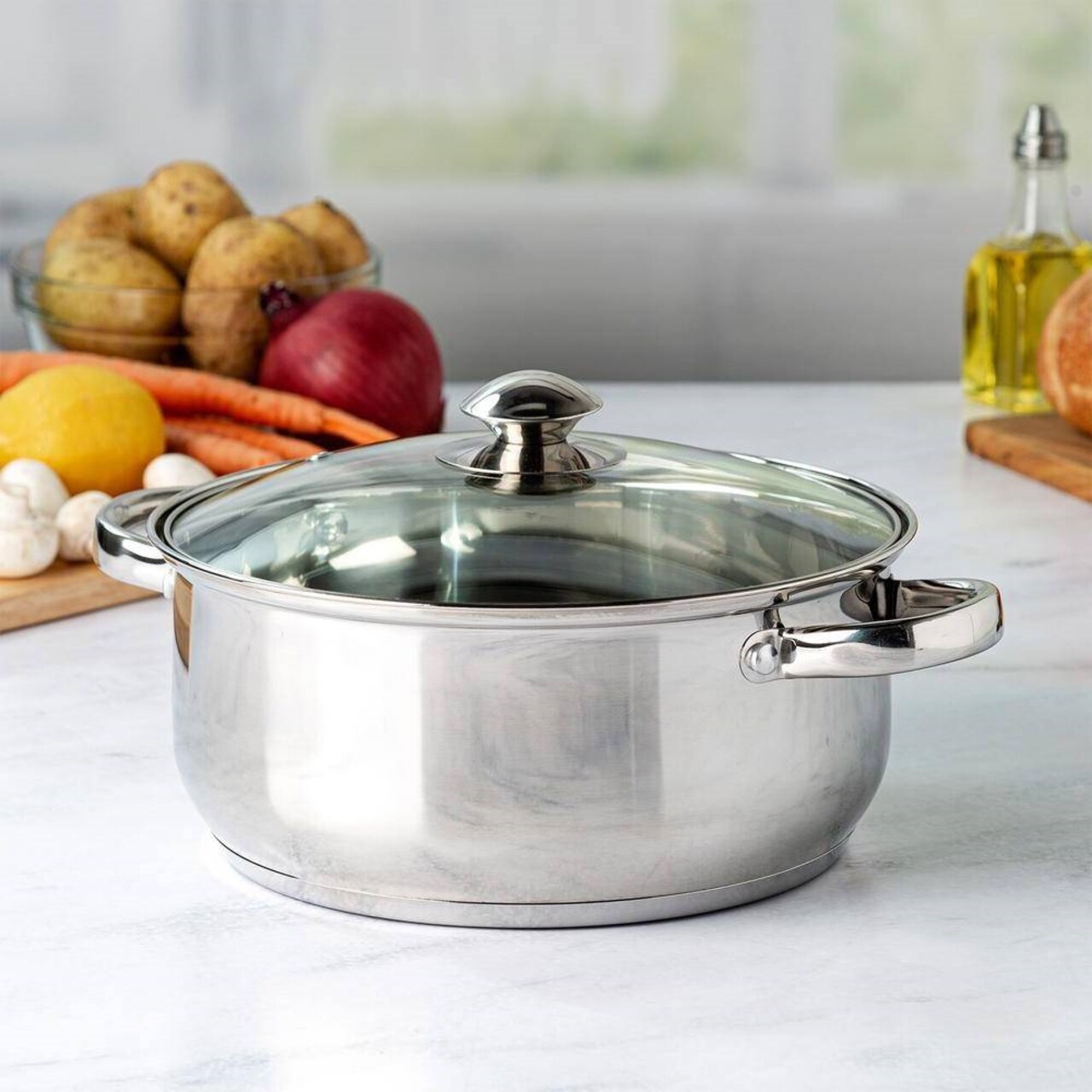 5qt Round Stainless-Steel Dutch Oven with Tempered Glass Lid and Oven Safe for All Cooktops